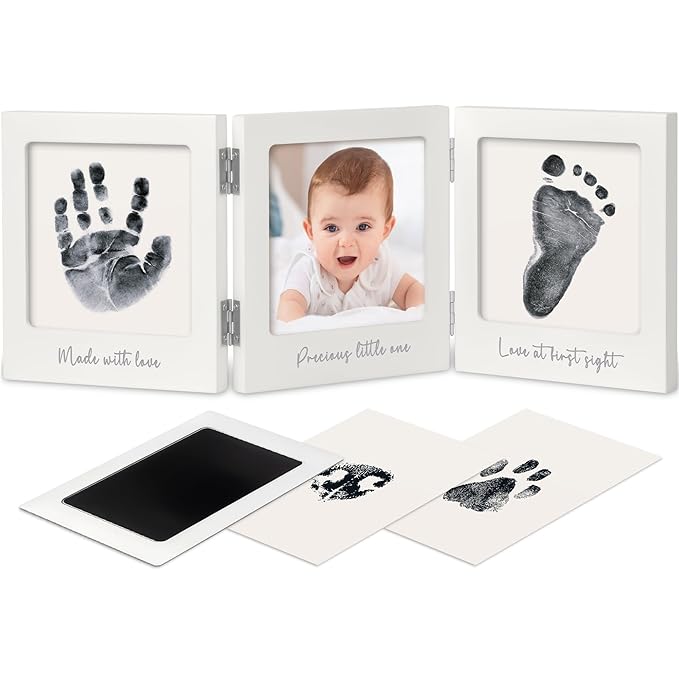 Inkless Baby Handprint and Footprint Kit for Newborn - Baby Footprint Kit, Newborn Keepsake Nursery Picture Frame,Dog Paw Print Maker, Personalized Gifts for New Mom,Showers & Registrys(White/Silver)-BubblyBeeBaby