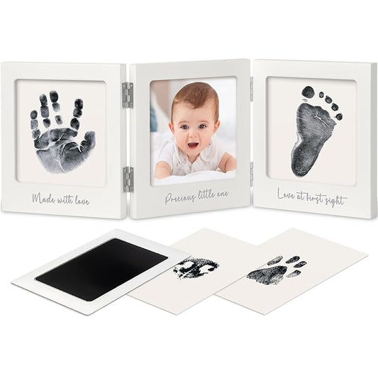 Inkless Baby Handprint and Footprint Kit for Newborn - Baby Footprint Kit, Newborn Keepsake Nursery Picture Frame,Dog Paw Print Maker, Personalized Gifts for New Mom,Showers & Registrys(White/Silver)-BubblyBeeBaby