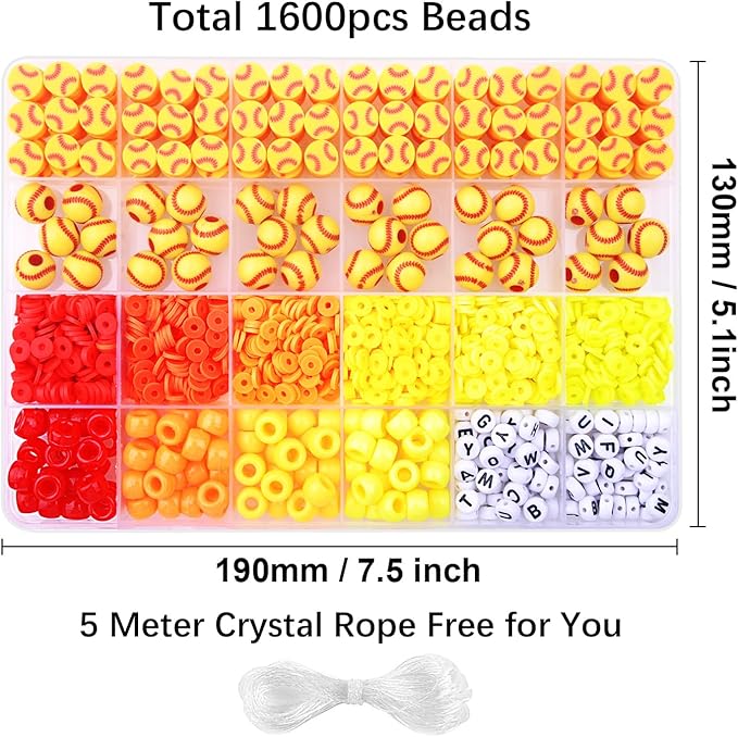1600PCS Softball Sports Ball Polymer Clay Beads Charms for Friendship Bracelets Making Kit Cute Fun Beads DIY Arts Crafts Birthday Gifts for Kids Girls Softball Bead-BubblyBeeBaby
