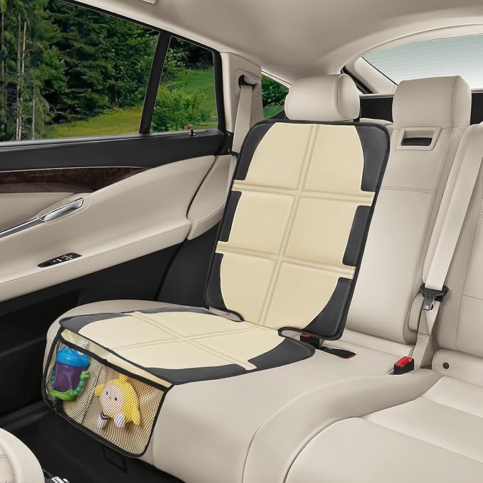 Car Seat Protector for Child Car Seat, 2 Pack Baby Car Seat Covers with Mesh Pockets & Non-Slip Backing 600D Durable Seat Protector Under Baby Car Seat for Car Back Seat (Beige, Large)-BubblyBeeBaby