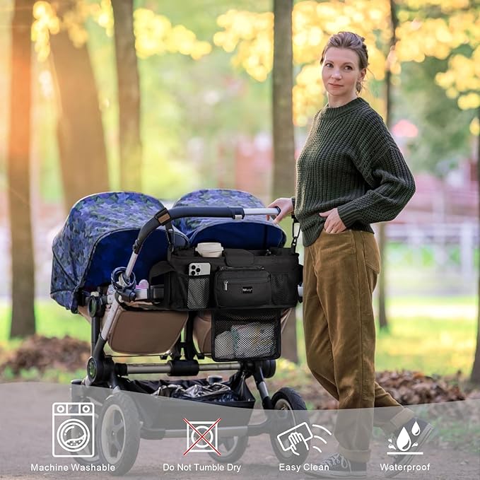 TOPDesign Universal Baby Stroller Organizer, Double Stroller Caddy with Detachable Mesh Bag & Heightened Insulated Cup Holders & Non-Slip Secure Hooks Accessories, Fits Most Strollers (Black)-BubblyBeeBaby