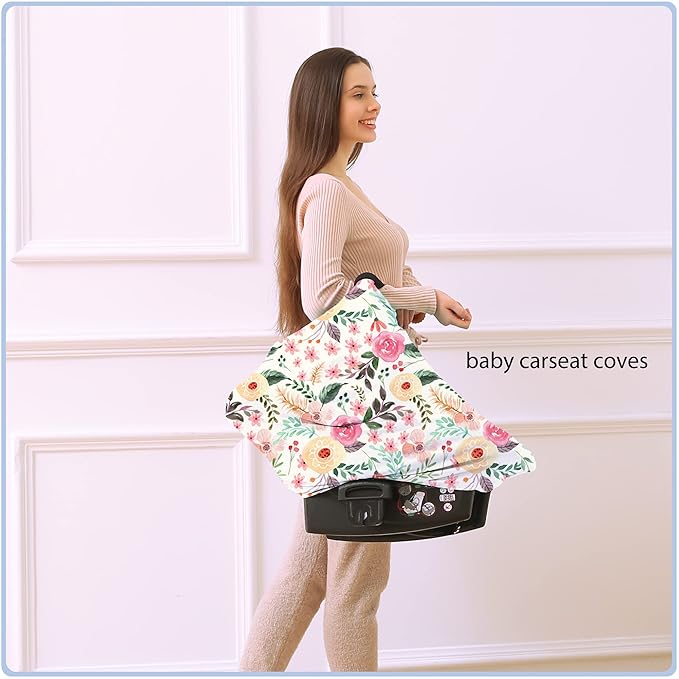 Nursing Carseat Canopy Breastfeeding Cover - Multi-use Stretchy Car Seat Covers for Babies, Baby Shower Gifts (Pink Floral)-BubblyBeeBaby