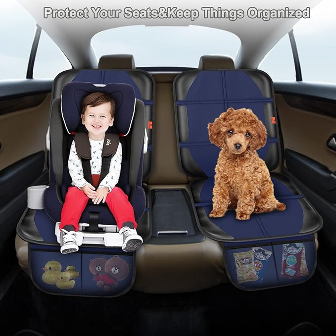 Car Seat Protector,2 Pack Automotive Seat Protectors Baby Carseat Pad Waterproof & Durable 600D Fabric for Child Baby Car Seat Mat Vehicle Pet Cover 2 Storage Pockets (Blue)-BubblyBeeBaby