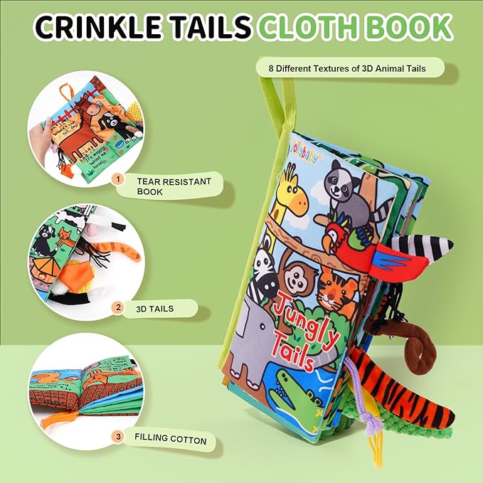 Jollybaby Crinkle Books for Babies, Sensory Soft Touch and Feel Baby Toys for 0-6 Months Infants, Newborn Montessori Early Educational Cloth Toys, Baby Girl & Boy Gift(Jungle Tails)-BubblyBeeBaby