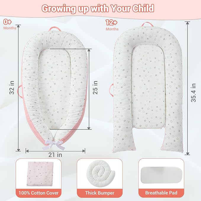 JOLLITO Baby Lounger for Newborn, Breathable Soft Baby for Baby 0-24 Months,Baby Play Mat, Portable Infant Lounger Baby Floor Seat for Home and Travel,Babies Essentials Gifts-BubblyBeeBaby