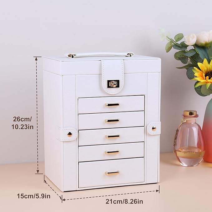 Kendal Jewelry Box, 6-Layer Jewelry Storage Organizer for Necklace Bracelet Rings Watch, 10.2"x8.2"x6" Classic PU Leather 5 Drawers Large Storage Capacity with Mirror-BubblyBeeBaby