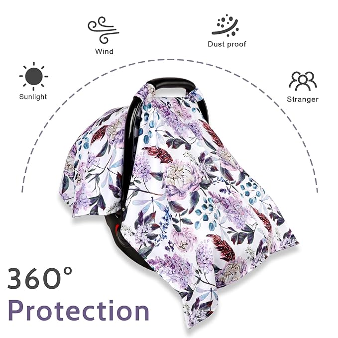 Car Seat Cover Baby, Infant Car Seat Canopy Covers for Newborn Girls Boys, Soft Breathable Mink Carseat Covers Stretchy Multi-Use Nursing Cover for Stroller Baby Car Seat, Purple Flroal-BubblyBeeBaby