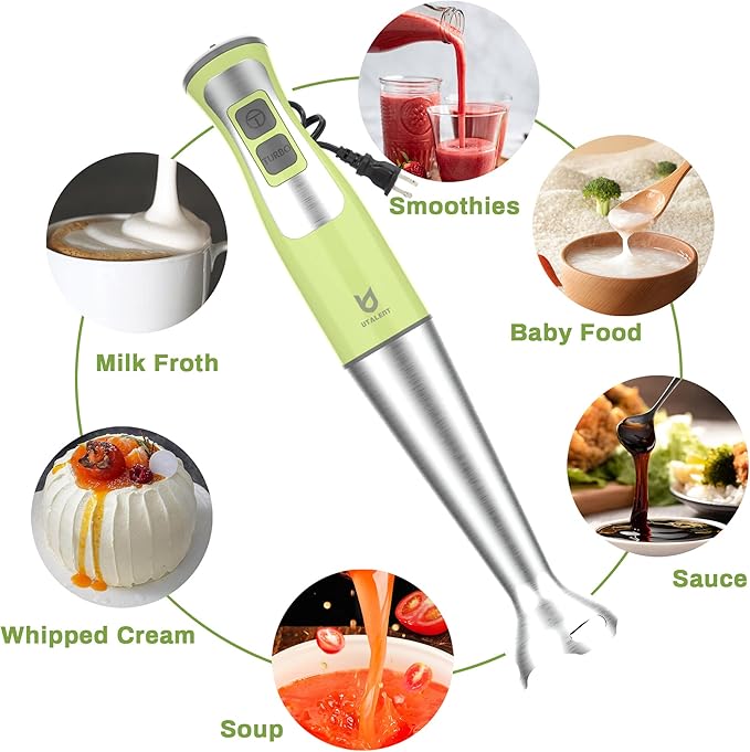 Immersion Hand Blender, UTALENT 3-in-1 8-Speed Stick Blender with Milk Frother, Egg Whisk for Coffee Milk Foam, Puree Baby Food, Smoothies, Sauces and Soups - Green-BubblyBeeBaby