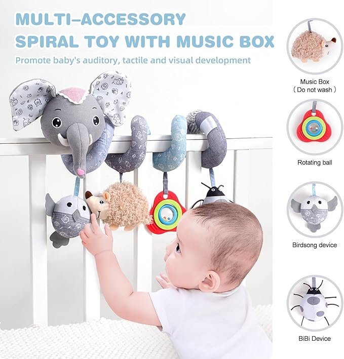 Jollybaby Baby Car Seat Stroller Toys, Plush Activity Hanging Spiral Activity Pram Crib with Music Box, Rattles, Squeaker for Babies Infant Boys Girls (SZ Gray Elephant)-BubblyBeeBaby