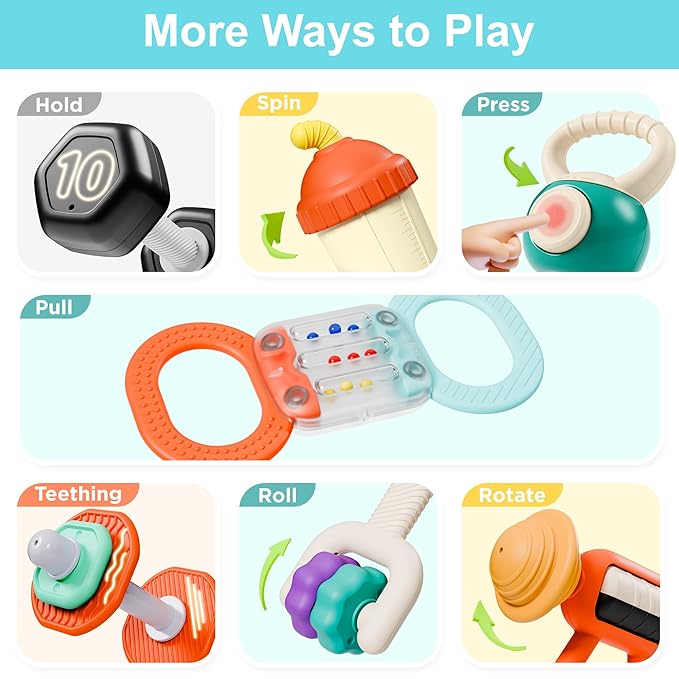 iPlay, iLearn Baby First Gym Rattle Set, Infant Dumbbell Weights Teething Rattles 3-6-12 Month, Newborn Workout Sensory Stroller Toy, Babies Birthday Shower Gift 5 7 8 9 10 Month Toddler Boy Girl-7PCS-BubblyBeeBaby