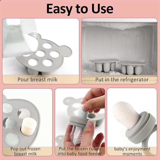 JEXFUN Baby Fruit Food Feeder & Mini Freezer Nibble Tray Combo, Breastmilk Popsicle Molds for Baby Cooling Relief, BPA Free Silicone Feeder for Safe Infant Self Feeding, 4 Month+ (Light Grey)-BubblyBeeBaby