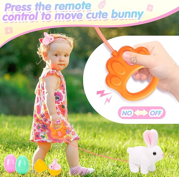 Hopping Plush Bunny Easter Interactive Toys for Kids,Can Wagging Tail and Twitching Nose with Remote Control Leash,Easter Eggs and Decorations,Easter Christmas Birthday Gift for Toddlers-BubblyBeeBaby