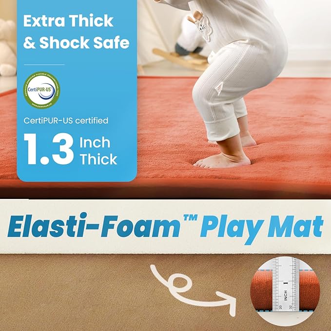 1.3" Thick Baby Play Mat for Floor Playpen, 71x79 Large Foam Tummy Time Mat, Padded Support Soft Plush Nursery Rug for Infant Kids Toddler Crawling Kick Activity (Brick)-BubblyBeeBaby