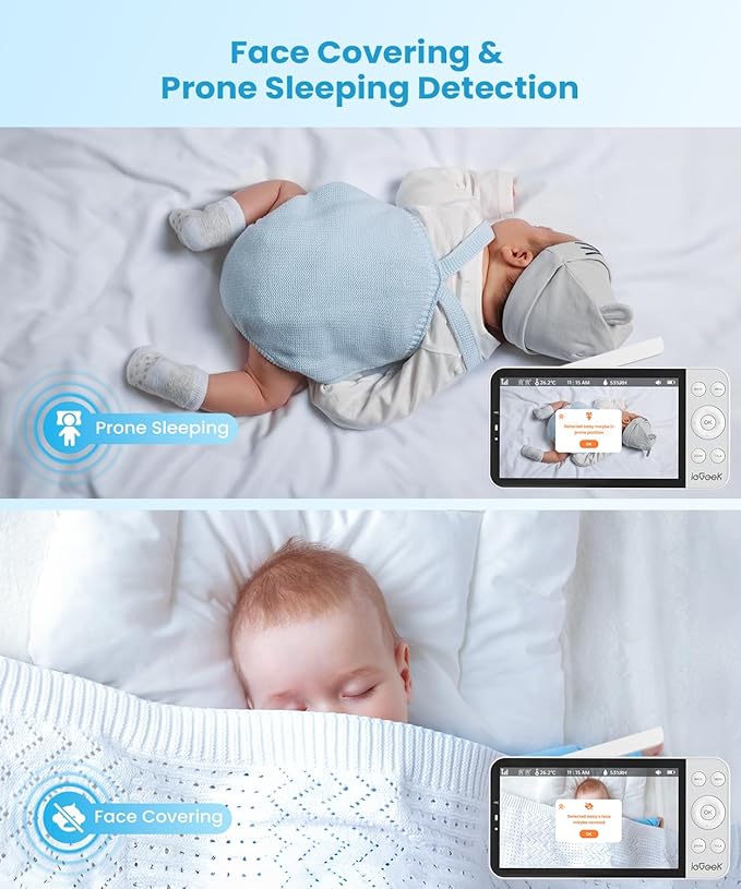 ieGeek 5.5" Baby Monitor,Audio Monitor with 2.5K Ultra HD 2.4G&5Ghz WiFi Camera,Night Light,Face Covering&Cry Detection,Two-Way Talk,Night Vision,Temp&Humidity Sensor,4000mAh Battery,App Control-BubblyBeeBaby
