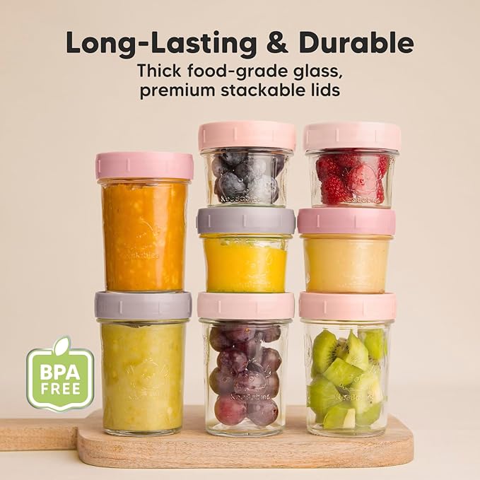 KeaBabies 4pk 8oz & 4pk 4oz Glass Baby Food Containers with Lids - Leak-Proof, Microwavable Small Glass Jars,Baby Purees & Toddler Snack Storage Containers,BPA-Free,Dishwasher & Freezer Safe(Roseate)-BubblyBeeBaby