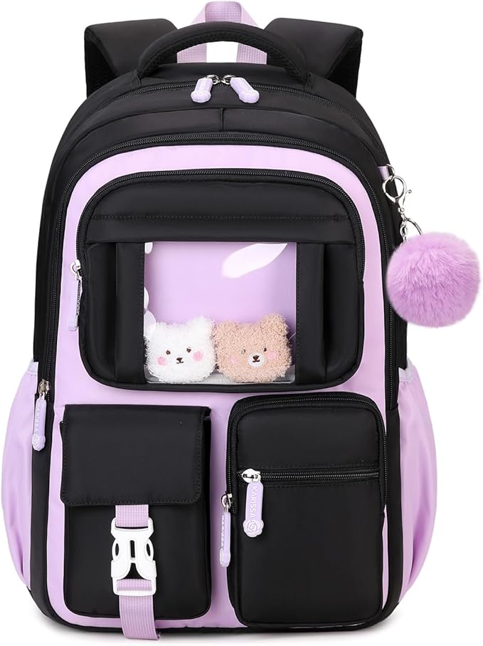 Kids Backpack for Girls School Bags for Middle School Students Book Bag for Elementary Primary Kawaii Ita Backpack, Black and Purple-BubblyBeeBaby