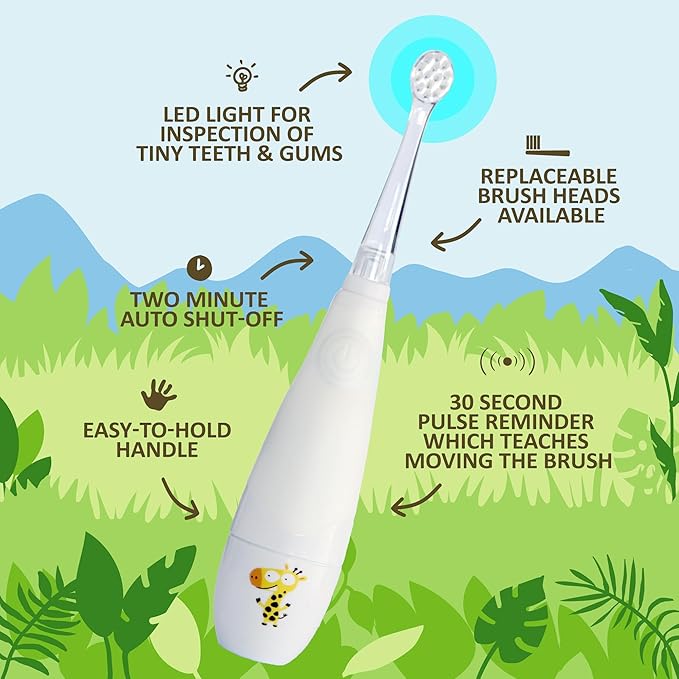 Jack N' Jill Tickle Tooth Toddler Electric Toothbrush with Replacement Head - Gentle Cleaning, Made for Tiny Teeth, LED Inspection Light, for Babies & Kids, Extra Soft Bristles - (1 Pack)-BubblyBeeBaby