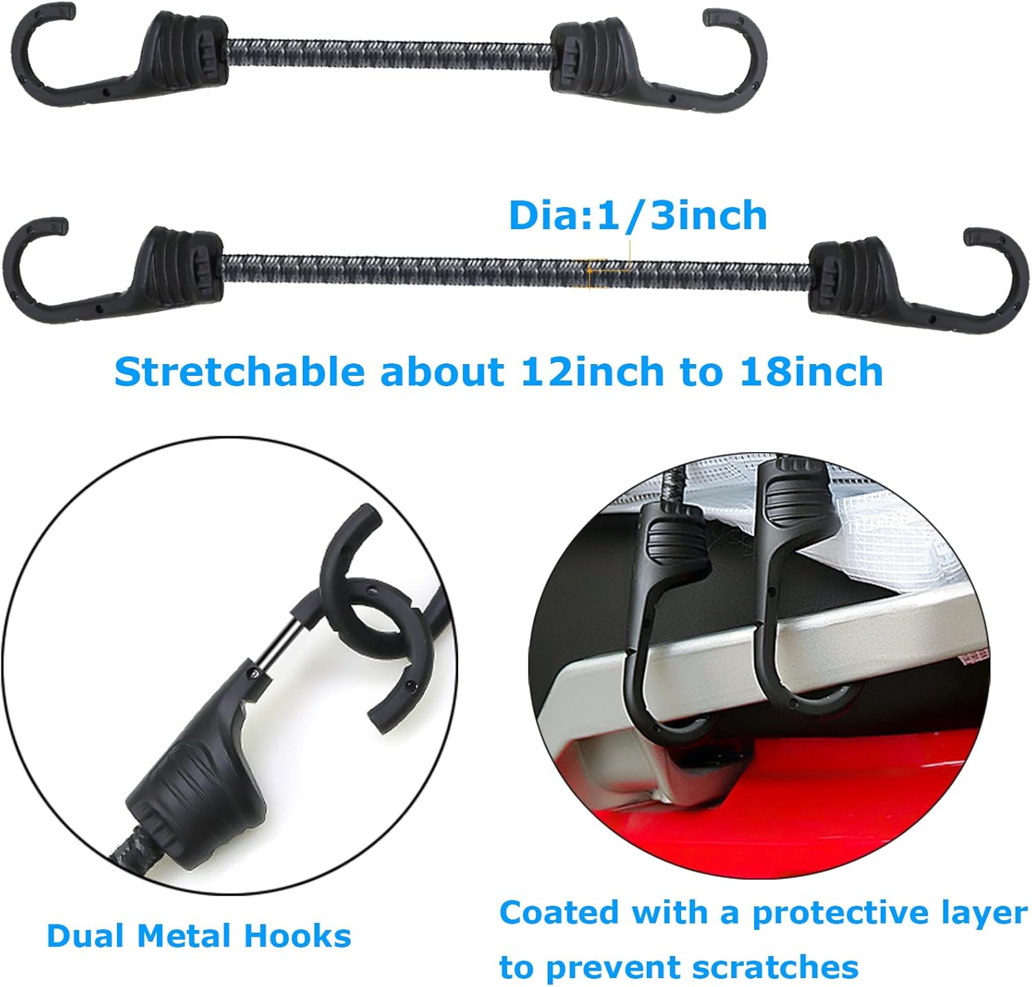 Bungee Cords with Dual Hooks, 12inch 6Pack Mini Bungee Straps 1/3 Inch Strong Elastic Rope Securing Tie Down for Camping,Tarps, Luggage,Bike Rack, Tent