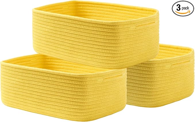KALLAX Small Woven Basket, 13.5 x 9.5 x 5 Inches, Storage Basket for Organizing, Cute Small Rope Shelf Closet Cube Storage Bins Baskets for Shelves, Dog Toy Gift Baskets Empty, 3 Pack Yellow-BubblyBeeBaby
