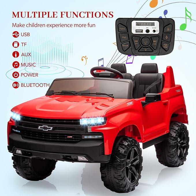 Hetoy 24V 2-Seater Truck Licensed Chevrolet Silverado Ride On Car Toy w/Parent Remote Control,4xSpring Suspension, 3 Speeds, Wireless Music, MP3 Player, Electric Vehicle Car for Kids, Red-BubblyBeeBaby
