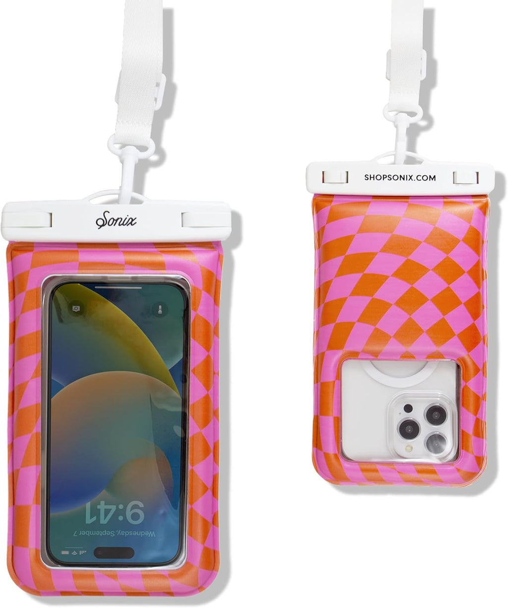 Sonix Waterproof Phone Pouch - Floating Phone Case Dry Bag w/Crossbody Lanyard - Beach Cruise Travel Essentials - Compatible w/All Devices, Touchscreen Friendly | Checkmate Pink/Orange
