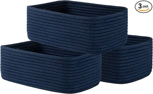 KALLAX Small Woven Basket, 12 x 8 x 4.5 Inches, Storage Basket for Organizing, Cute Small Rope Shelf Closet Cube Storage Bins Baskets for Shelves, Dog Toy Gift Baskets Empty, 3 Packs, Navy Blue-BubblyBeeBaby