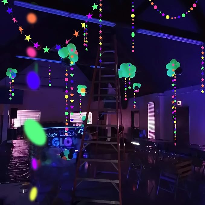 108feet UV Round Dot Star Kit Neon Paper Garland Glow in The Dark Party Favors Streamers Banner for Black Party Supplies UV Reactive Circle Dot Star Garland Wedding Birthday Glow Party Supplies…-BubblyBeeBaby
