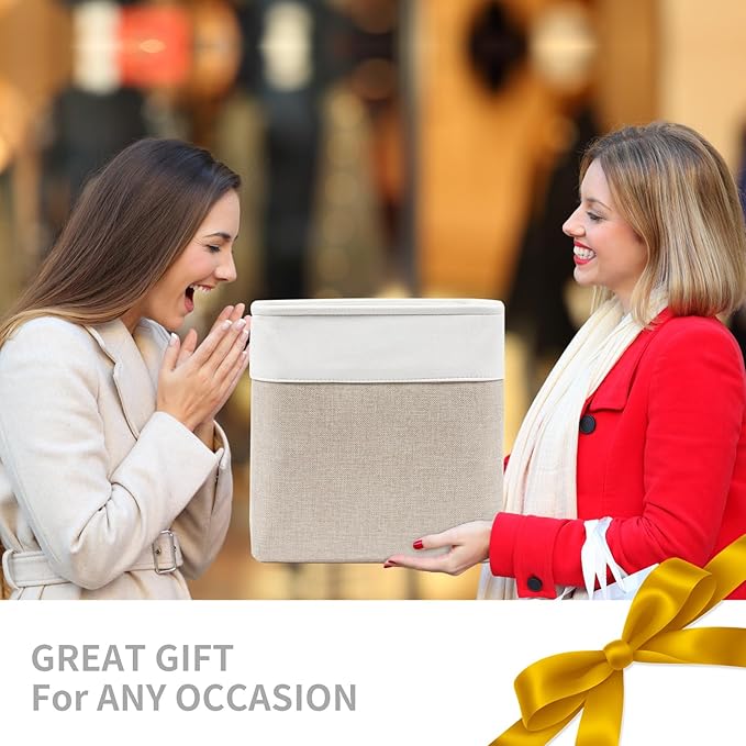 13x13 Cube Storage Bins, Collapsible Fabric Storage Box, 4 Pack Closet Baskets with Handles for Organizing, Shelf, Toys, Clothes, Home, Office, Nursery (Beige&White)-BubblyBeeBaby