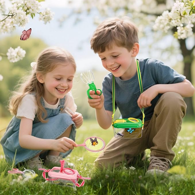 2 Set Bug Catcher for Kids- Educational Bug Catching Kit Including Butterfly Net, Insect Clip, Tweezer, Outdoor Toys for Kids Ages 3-10 (Pink & Green)-BubblyBeeBaby