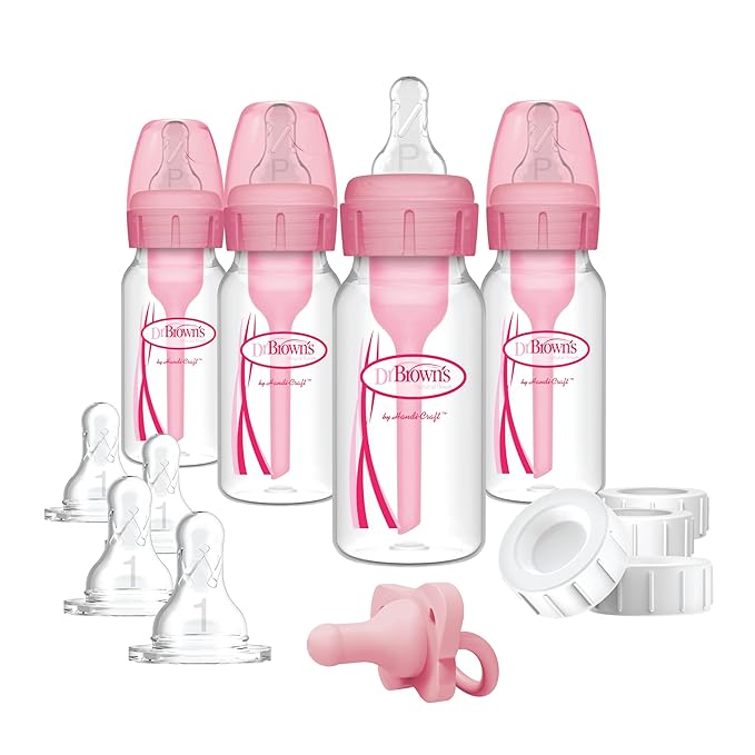 Dr. Brown's Anti-Colic Baby Feeding Set with Slow Flow Nipples, Travel Caps, Silicone Pacifier - Pink-BubblyBeeBaby