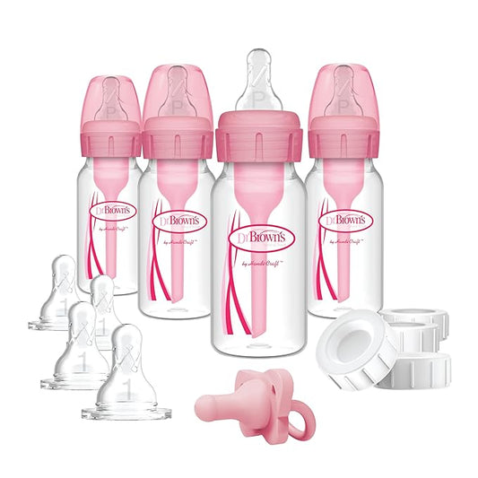 Dr. Brown's Anti-Colic Baby Feeding Set with Slow Flow Nipples, Travel Caps, Silicone Pacifier - Pink-BubblyBeeBaby