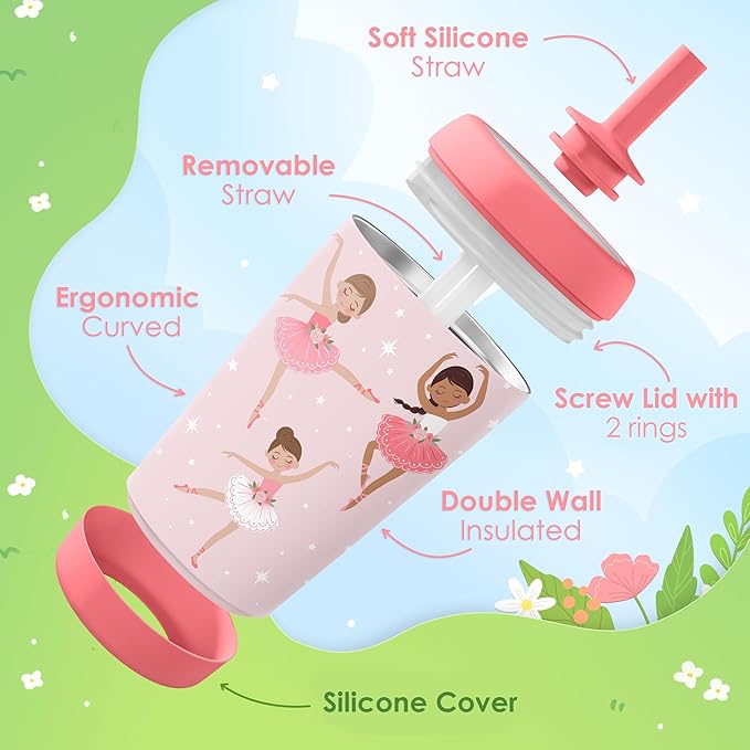 Kid Insulated Stainless Steel Tumbler with Silicone Straw, 12oz Sippy Cup for Kids (Pink Ballerina)-BubblyBeeBaby
