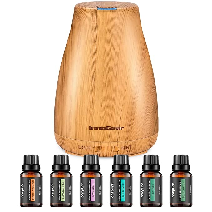 InnoGear Essential Oil Diffuser with Oils, 100ml Aromatherapy Diffuser with 6 Essential Oils Set, Aroma Cool Mist Humidifier Gift Set, Yellow Wood Grain-BubblyBeeBaby