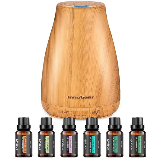 InnoGear Essential Oil Diffuser with Oils, 100ml Aromatherapy Diffuser with 6 Essential Oils Set, Aroma Cool Mist Humidifier Gift Set, Yellow Wood Grain-BubblyBeeBaby