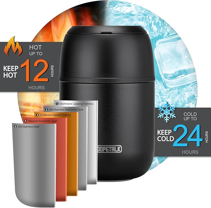 17 oz Insulated Lunch Containers, Black, Vacuum Stainless Steel Thermo Lunch Box with Handle and Folding Spoon for School, Office, Travel-BubblyBeeBaby