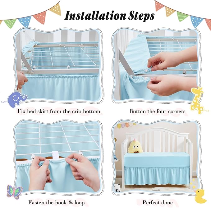 Horbaunal 2 Pack Crib Skirt & Crib Bed Sheet Set, Aqua Blue Crib Bed Skirt 28" x 52" with 14" Drop Dust Ruffle, Soft Microfiber Toddler Bedskirt Nursery Bedding Skirt for Baby Girls and Boys-BubblyBeeBaby