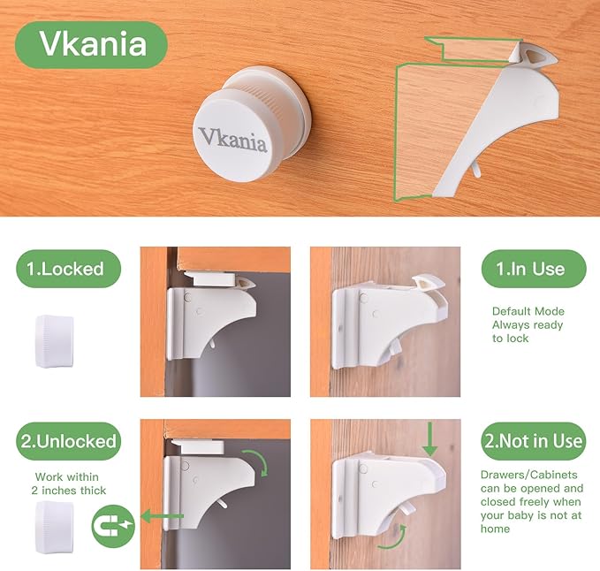 10 Pack Vkania Magnetic Cabinet Locks Baby Proofing - Baby Safety Latches for Drawers and Cabinets - Easy Installation No Drilling-BubblyBeeBaby