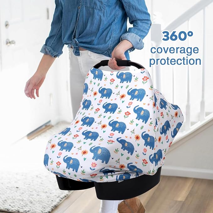 Rquite All-in-1 Car Seat Cover Baby, Carseat Covers for Girl Boy, Stretchy Soft Infant Car Seat Cover, Multi-use Baby Carrier Cover, Car Seat Canopy, Stroller Sun Shade, Nursing Breastfeeding Cover-BubblyBeeBaby