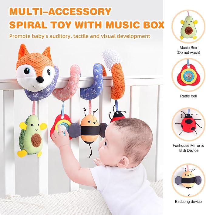 Jollybaby Baby Car Seat Stroller Toys, Plush Activity Hanging Spiral Activity Pram Crib with Music Box, Rattles, Squeaker for Babies Infant Boys Girls(Orange Fox)-BubblyBeeBaby