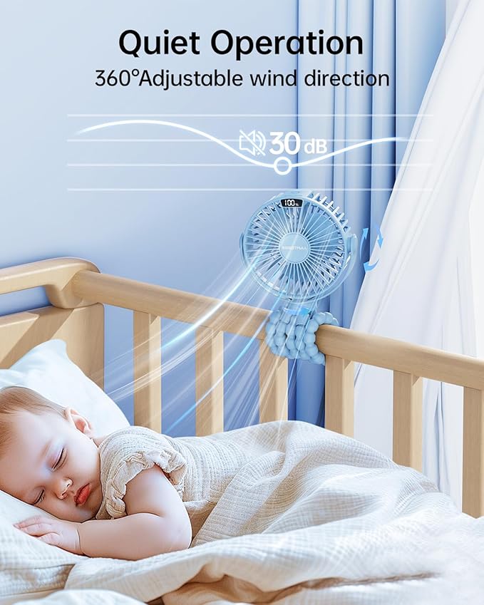SWEETFULL Portable Stroller Fan with Display 4000mAh Battery Powered Mini Clip On Fan, 4-Speed Rechargeable Small Personal Cooling for Baby Car Seat Crib Travel - Blue-BubblyBeeBaby