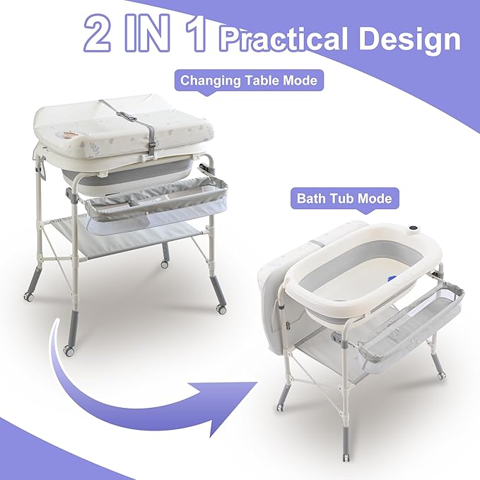 2-in-1 Baby Bathtub with Changing Table, Foldable Diaper Changing Station with 4 Wheels, Waterproof Pad, Storage Rack and Baby Bath Tub, Adjustable Height Portable Nursery Organizer for Newborn Infant-BubblyBeeBaby