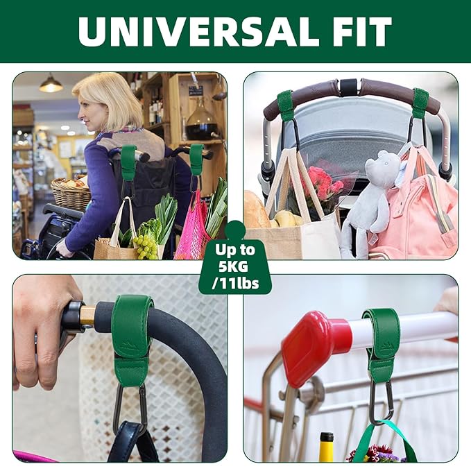 Baby Stroller Hooks Bag Hooks for Hanging Diaper Bags Multipurpose Hooks for Grocery Shopping Bags Premium Vegan Leather Pram Straps 2 Pcs (Green)-BubblyBeeBaby
