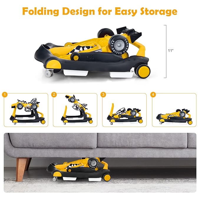 HONEY JOY 4-in-1 Baby Walker, Activity Push Walker w/3 Adjustable Heights, Smooth Wheels w/Adjustable Speed, Padded Seat, Music & Light, Foldable Car Walker for Baby Boys Girls Age 6 Months+ (Yellow)-BubblyBeeBaby