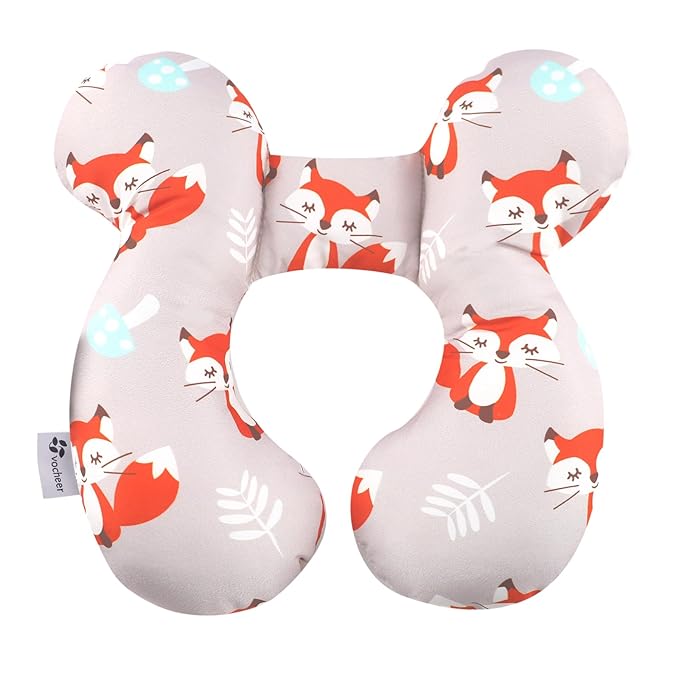 vocheer Baby Travel Pillow(Upgraded), Head and Neck Support Pillow for Pushchair, Car Seat,Stroller, Bouncer, Cotton, Orange Fox-BubblyBeeBaby