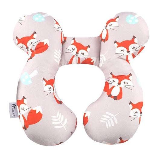 vocheer Baby Travel Pillow(Upgraded), Head and Neck Support Pillow for Pushchair, Car Seat,Stroller, Bouncer, Cotton, Orange Fox-BubblyBeeBaby