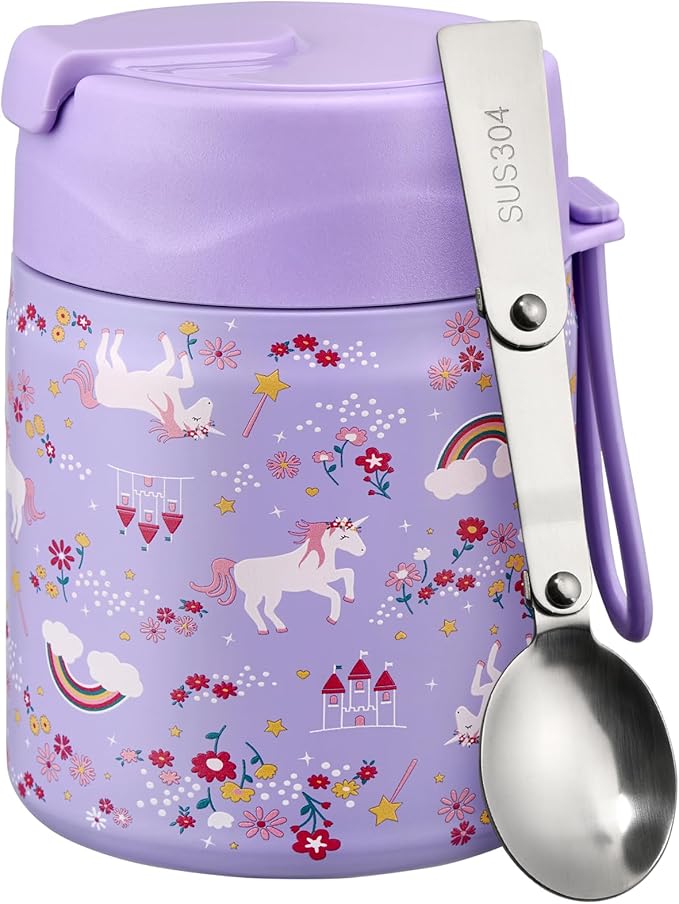 17oz Soup Thermo for Hot Food Kids Insulated Vacuum Food Jar with Stainless Steel Spoon Wide Mouth Thermo Leakproof Lunch Food Container Kids Hot Lunch Box (Purple-Horse)-BubblyBeeBaby