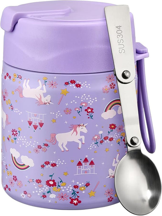 17oz Soup Thermo for Hot Food Kids Insulated Vacuum Food Jar with Stainless Steel Spoon Wide Mouth Thermo Leakproof Lunch Food Container Kids Hot Lunch Box (Purple-Horse)-BubblyBeeBaby