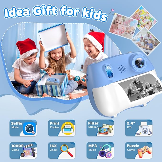 Instant Print Camera for Kids - Front Rear Dual Selfie Kid Print Camera, Fun Birthday Gift for Boys Ages 3-12, HD Digital Video Cameras, Easy to Use for Toddler - Blue-BubblyBeeBaby