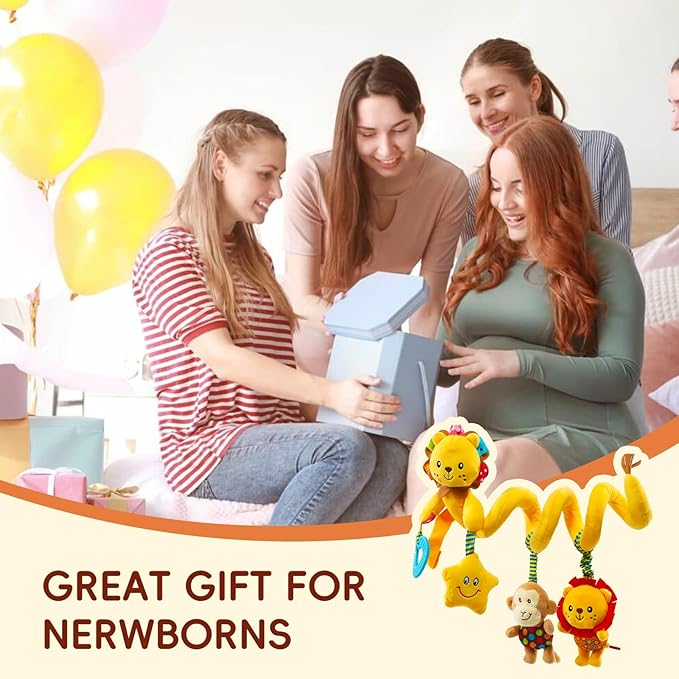Jollybaby Crib Stroller Car Seat Toys for Baby 0-3-6-9-12 Months, Tummy Time Hanging Sensory Toys for Newborn with Music Box and Teether, Spiral Carseat Toy for Infant Boys Girls Gifts (Little Lion)-BubblyBeeBaby