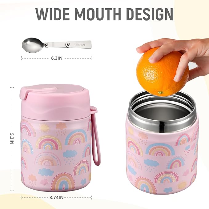 17oz Soup Thermo for Hot Food Kids Insulated Vacuum Food Jar with Stainless Steel Spoon Wide Mouth Thermo Leakproof Lunch Food Container Kids Hot Lunch Box (Pink-Rainbow)-BubblyBeeBaby